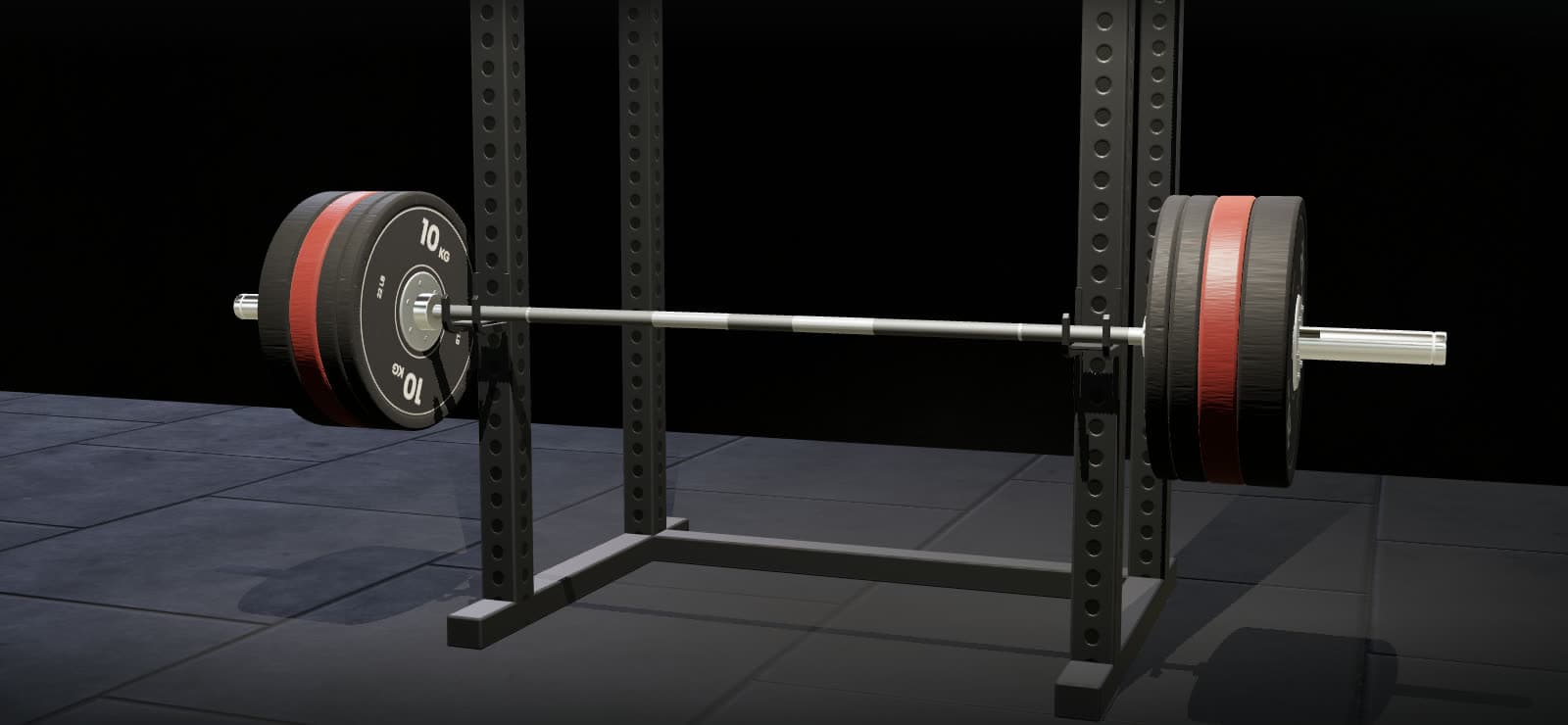 A barbell resting in a squat rack, loaded with 10 kg, 15 kg, 20 kg, 25 kg bumper plates on each side